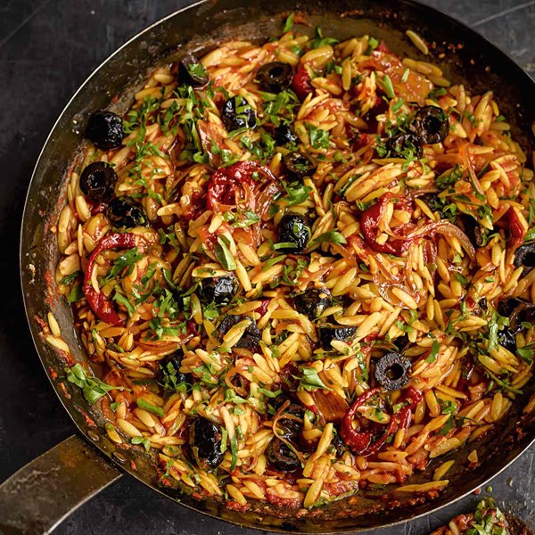 Lindsey Bareham’s red orzo risotto with goat’s cheese