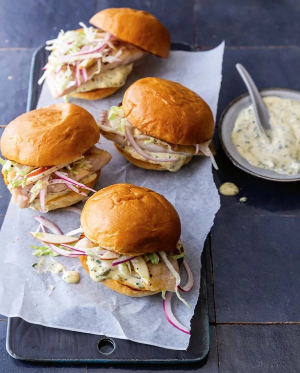 Lingcod sliders with napa cabbage-apple slaw