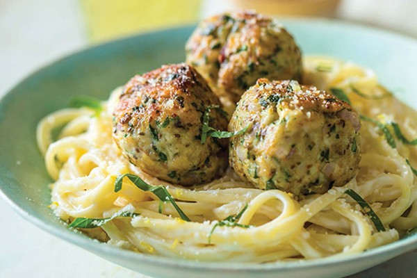 Linguine al limone with grilled chia-chicken meatballs