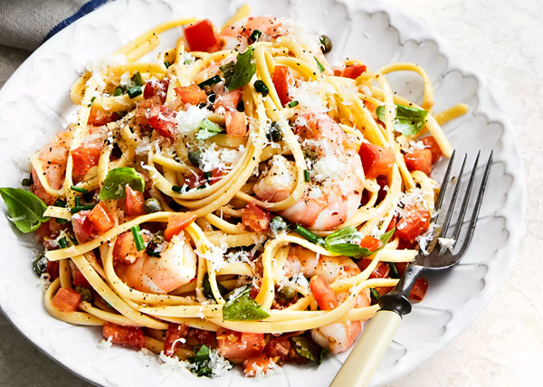 Linguine and shrimp with sauce vierge