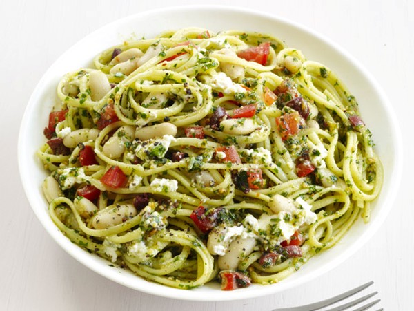 Linguine with almond pesto and beans
