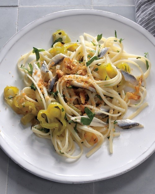 Linguine with boquerones, peppers, and breadcrumbs