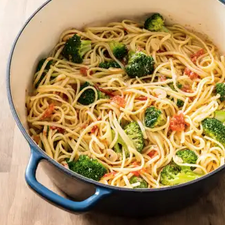 Linguine with broccoli, tomatoes, and pecorino