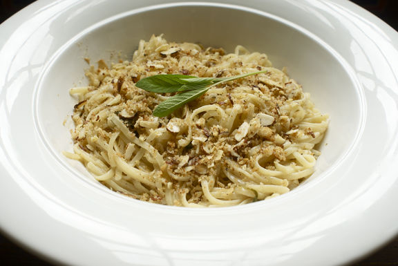 Linguine with brown butter, sage and poor man's Parmesan