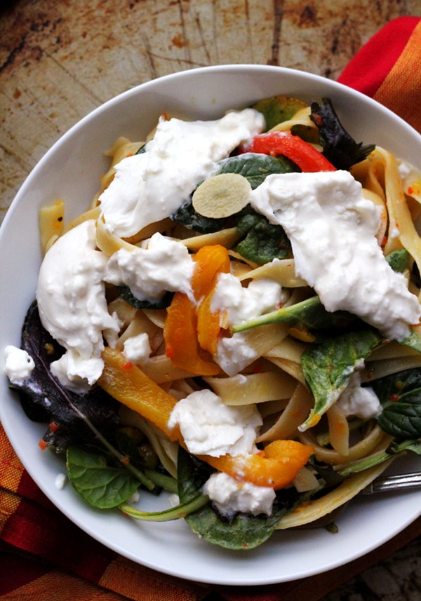 Linguine with burrata, greens, and sweet pepper sauce