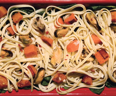 Linguine with butternut squash, spinach, and mussels