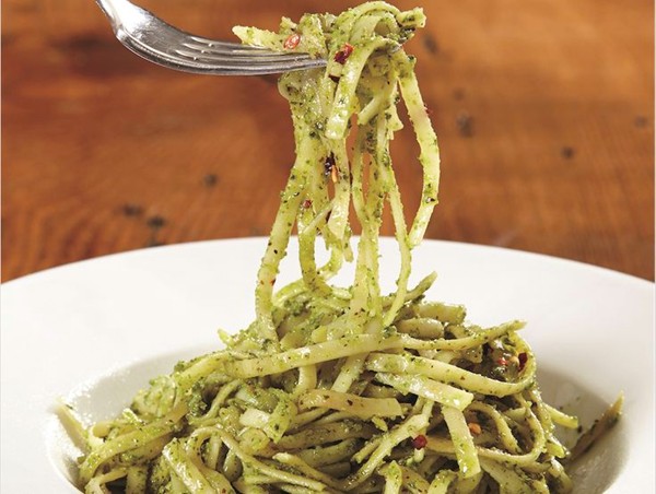 Linguine with cilantro and chive pesto