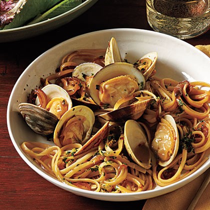 Linguine with clams and fresh herbs with baby romaine salad