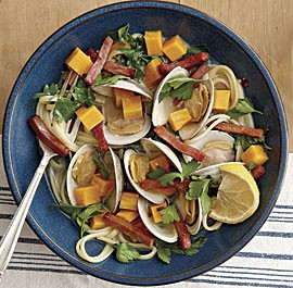Linguine with clams, sweet potato, and country ham