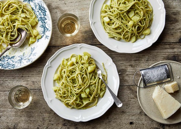 Linguine with courgette, basil and almond pesto