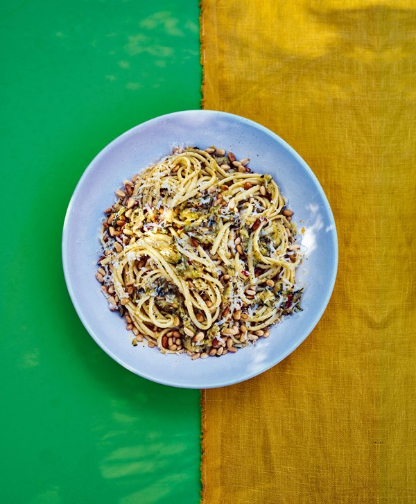 Linguine with courgettes, pine nuts & chilli