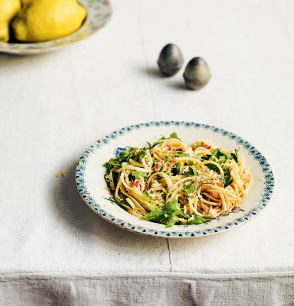 Linguine with crab, chilli, lemon rocket & hawthorn