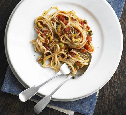 Linguine with green olive and caper sauce