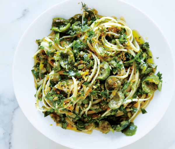 Linguine with green olive sauce and zesty breadcrumbs
