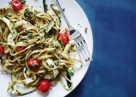 Linguine with grill-roasted tomatoes and zucchini pesto