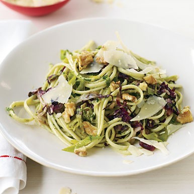 Linguine with leeks, radicchio, and walnut pesto