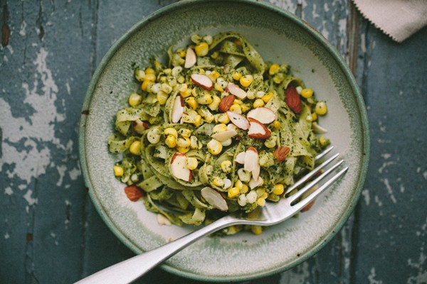 Linguine with mint pesto and corn