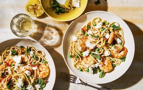 Linguine with prawns, peas, ricotta, chilli and mint