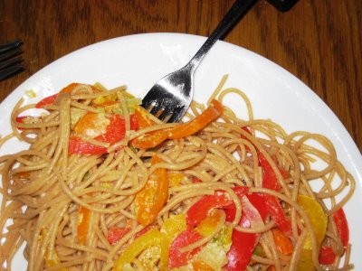 Linguine with red peppers, green onions, and pine nuts