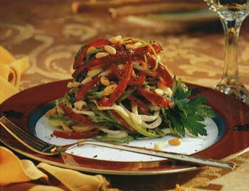 Linguine with red peppers, green onions and pine nuts