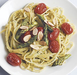 Linguine with roasted asparagus and almond pesto