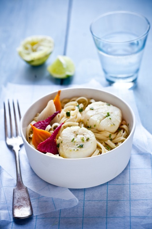 Linguine with roasted beets and lemon parsley scallops