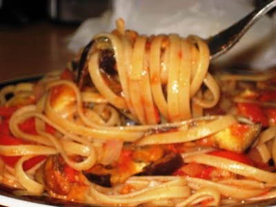 Linguine with roasted eggplant and cherry tomatoes