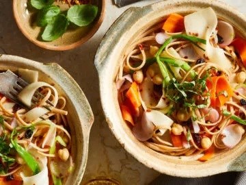 Linguine with root vegetable ribbons 