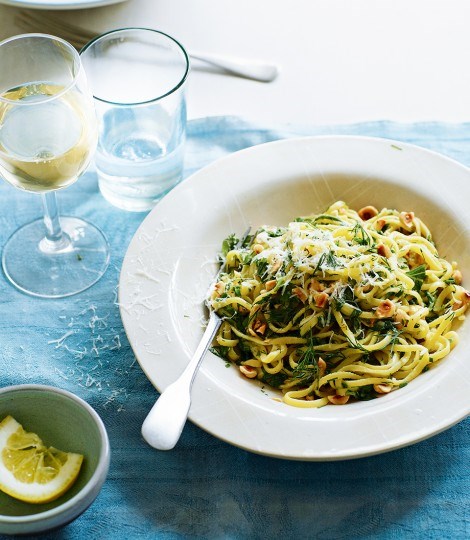 Linguine with saffron, roasted garlic, herb butter and hazelnuts