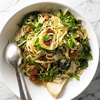 Linguine with sausage, greens, and egg pan sauce