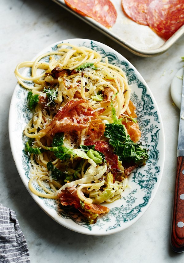 Linguine with Savoy cabbage and salumi