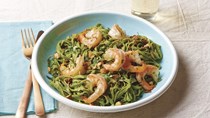 Linguine with shrimp and green-olive pesto