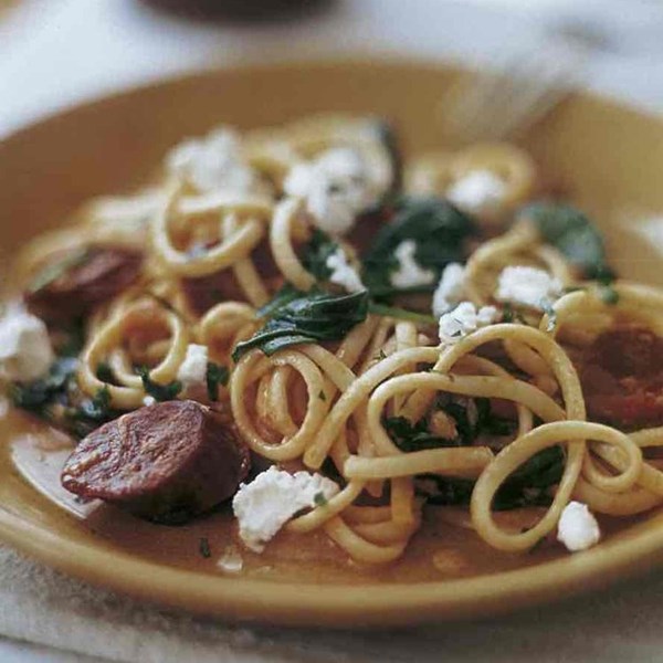 Linguine with spicy chorizo and goat cheese