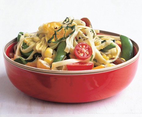 Linguine with summer succotash