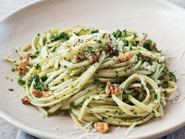 Linguine with walnut and broccoli rabe pesto