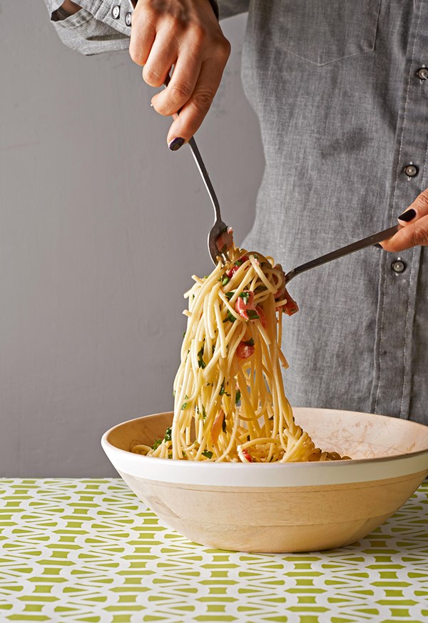 Linguini with rhubarb and Parmesan