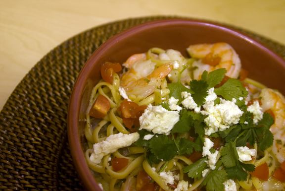 Linguini with shrimp in a feta, cliantro, and lime sauce