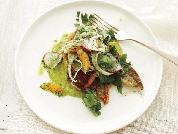 Linton Hopkins' sauteed Georgia trout with watercress puree and mandarin salad (Cook the Book)