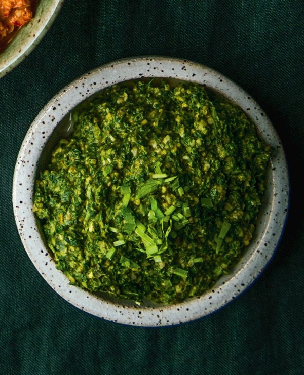 Lip-smackingly sour mint, anchovy & pinenut pesto