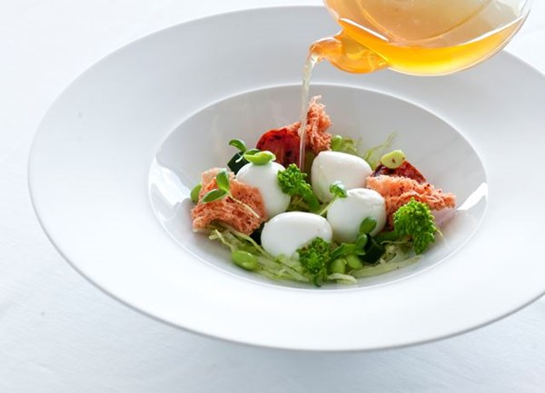 Liquid Caprese – mozzarella with tomato and dashi broth