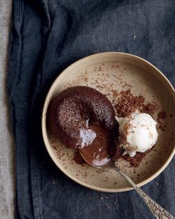 Liquid-centre chocolate fondants with nut butter and Pedro Ximénez raisin ice cream
