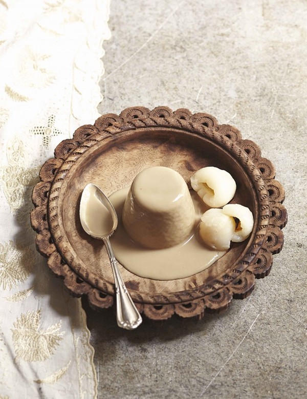 Liquorice and coconut panna cotta with lychees