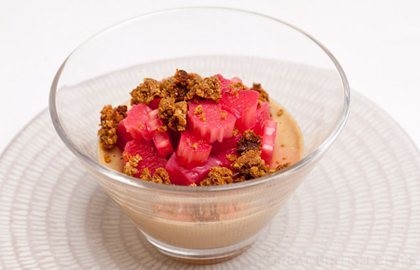 Liquorice panna cotta with Yorkshire rhubarb and parkin crumbs