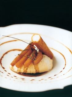 Liquorice poached pears with sorbet tuiles