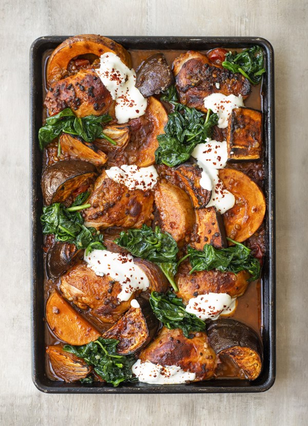 Lisa's spice-baked chicken with autumn veges and lentils