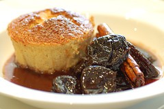 Little almond puddings with Marsala poached prunes