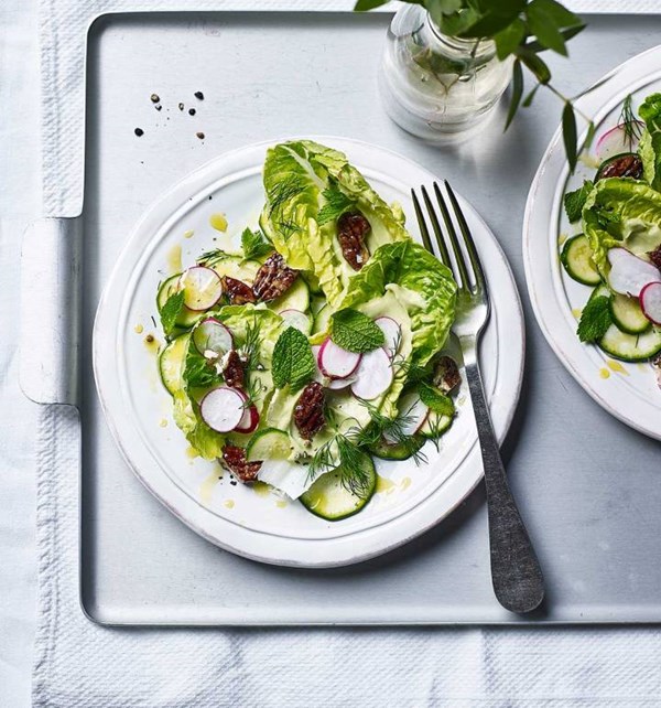 Little gem salad with avocado cream and crispy pecans