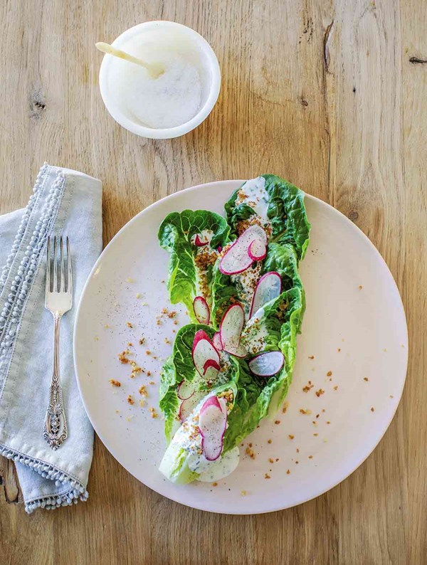 Little gem salad with bread crumb croutons