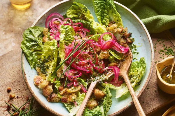 Little gem salad with chive vinaigrette, pickled red onions & crispy breadcrumbs