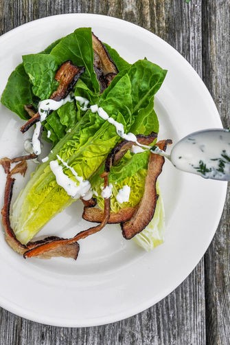 Little gem salad with crème fraîche and bacon